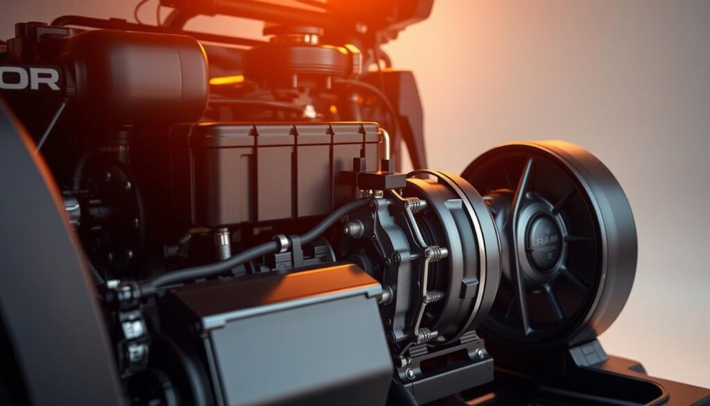 A close-up view of the Ram 1500 REV's powerful electric drivetrain, bathed in warm, diffused lighting. The high-voltage battery pack and electric motor are prominently displayed, showcasing their advanced engineering and sleek, minimalist design. The drivetrain is presented against a clean, neutral background, allowing the technology to take center stage. Crisp, detailed textures and subtle reflections create a sense of precision and quality, reflecting the exceptional performance of this cutting-edge electric powertrain. A close-up view of the Ram 1500 REV's powerful electric drivetrain, bathed in warm, diffused lighting. The high-voltage battery pack and electric motor are prominently displayed, showcasing their advanced engineering and sleek, minimalist design. The drivetrain is presented against a clean, neutral background, allowing the technology to take center stage. Crisp, detailed textures and subtle reflections create a sense of precision and quality, reflecting the exceptional performance of this cutting-edge electric powertrain.